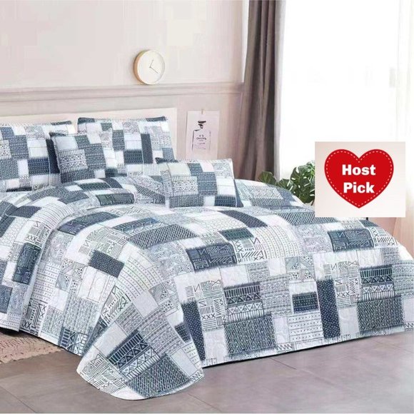 Geometric Pattern Quilted Bedspread Set Bedspreads Queen Size King Quilt - Gray - Picture 2 of 5